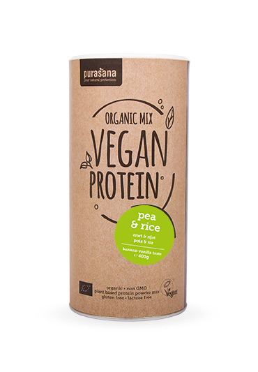 Purasana Vegan protein MIX: PEA & RICE BANANA - VANILLA 62 % 400 Gramm BIO