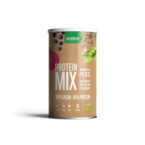 Purasana Vegan protein MIX 60 % PEA, SUNFLOWER, ACAI 400 Gramm BIO