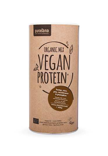 Purasana Vegan protein MIX: PEA - RICE - PUMPKIN - SUNFLOWER - HEMP Cacao & Chocolate 59 % 400 Gramm